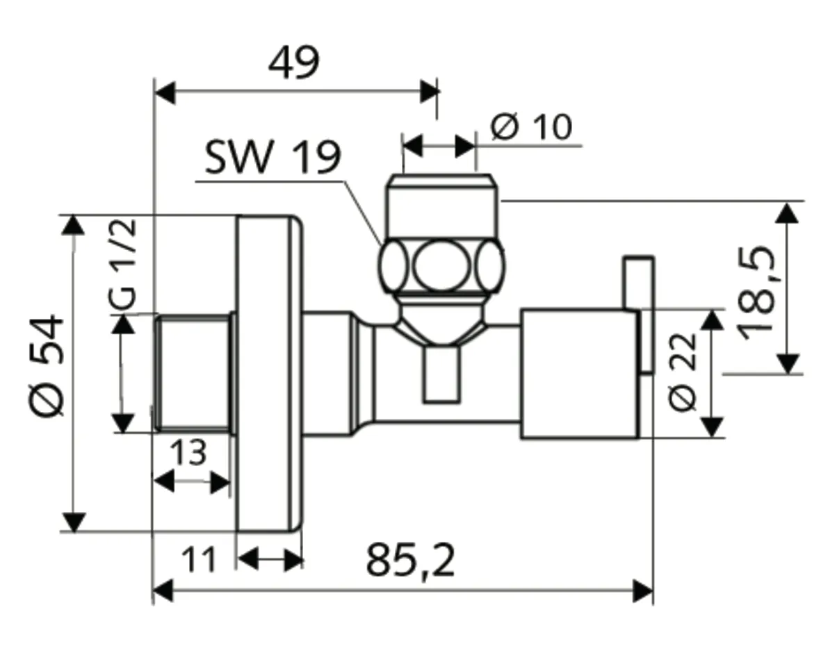 Eckventil mit Regulierfunktion PINT, Design-Griff, Schubrosette Ø 54 mm, DN 15 G 1/2 AG, Ø 10 mm (DN 10 G 3/8 AG), chrom