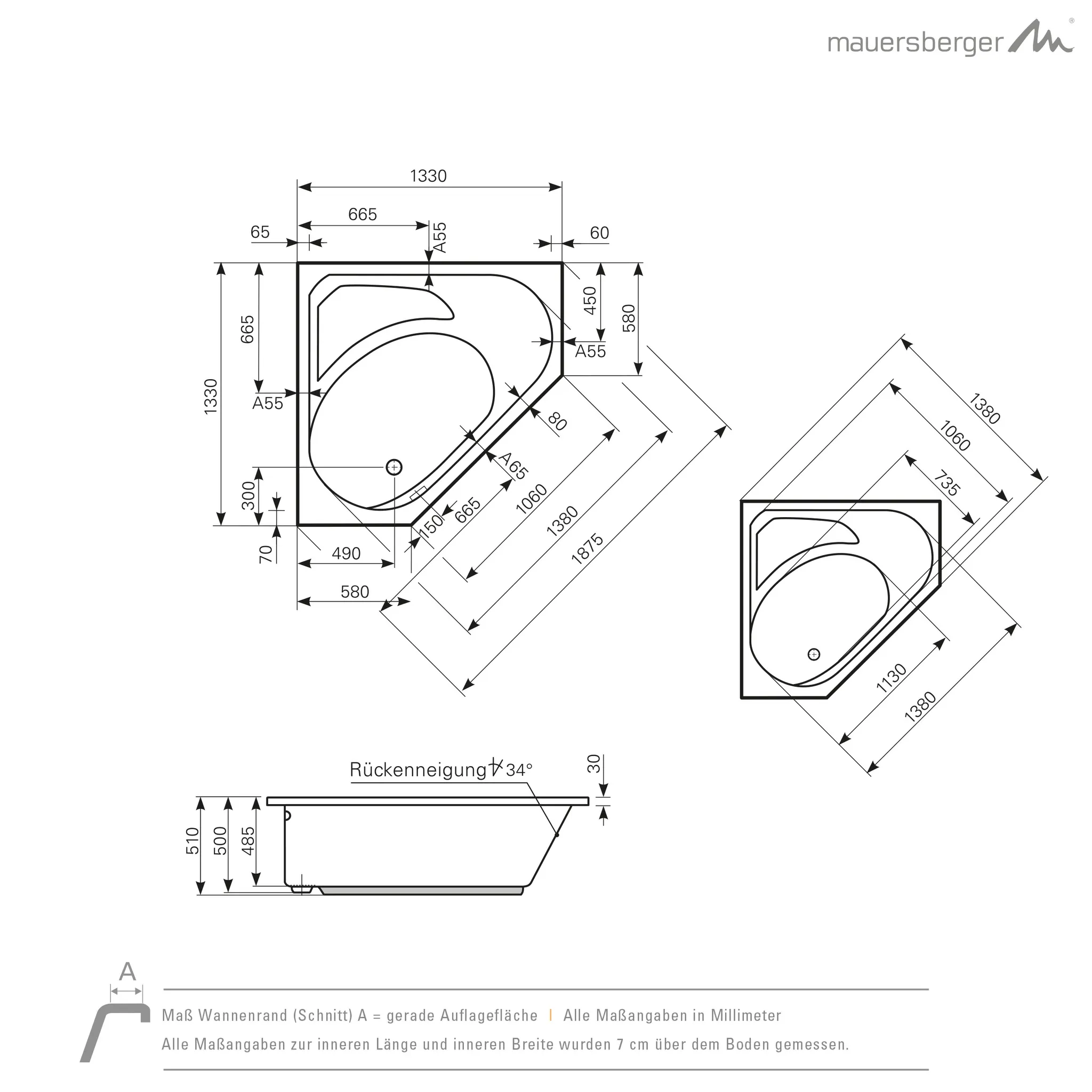Mauersberger Acryl-Badewanne sedum 133⁄133, 1330x1330x510, weiß