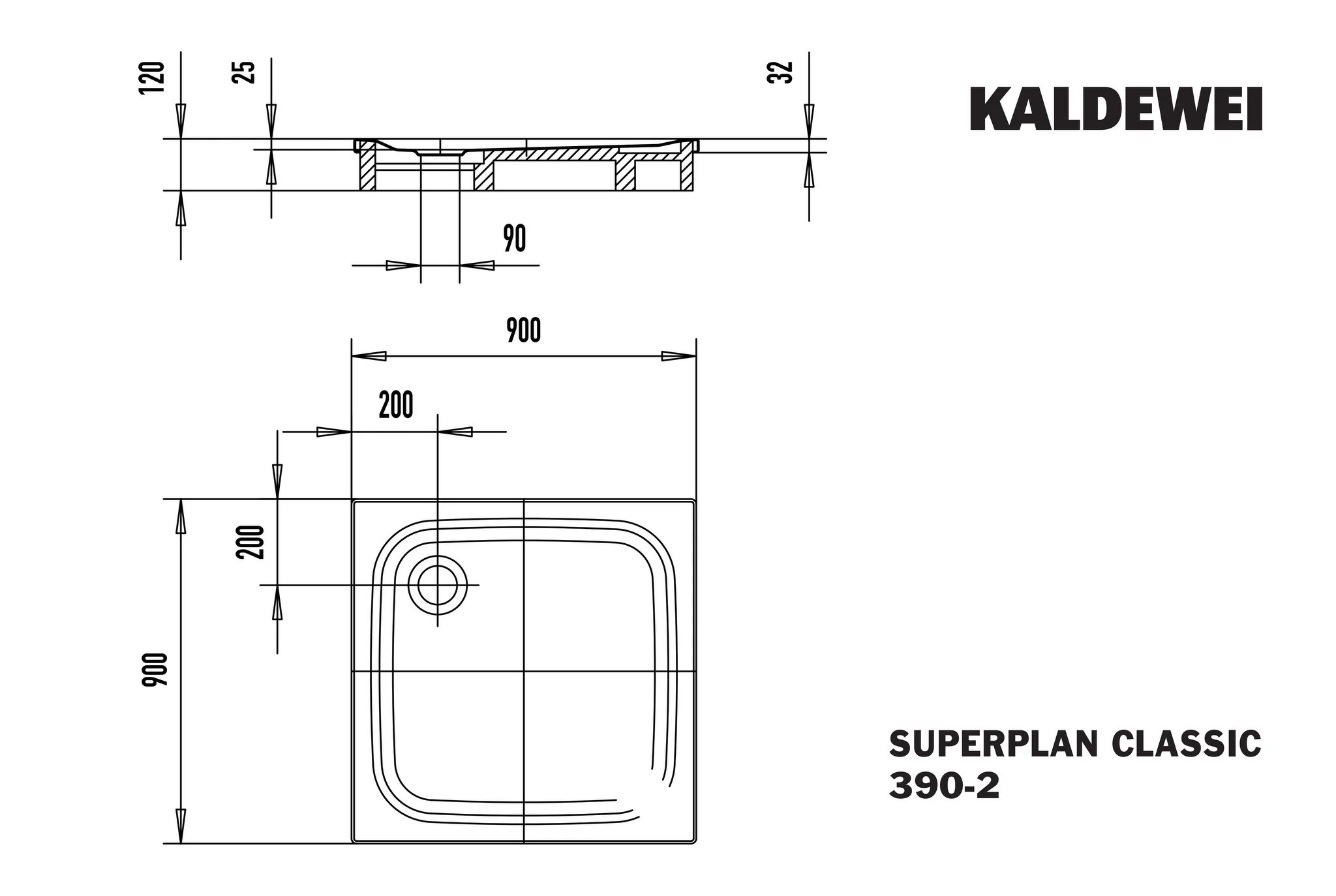 Kaldewei SUPERPLAN CLASSIC Duschfläche mit Wannenträger, 900x900 mm, alpinweiß, Antislip, 25 mm tief