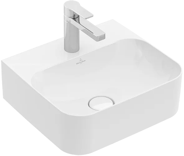 Villeroy & Boch Handwaschbecken aus TitanCeram geschliffen „Finion“ 430 × 390 × 140 mm, mit Hahnlochbohrung, Hahnlochposition mittig in Weiß Alpin, mit CeramicPlus Villeroy & Boch Handwaschbecken aus TitanCeram geschliffen „Finion“ 430 × 390 × 140 mm, mit Hahnlochbohrung, Hahnlochposition mittig in Weiß Alpin, mit CeramicPlus