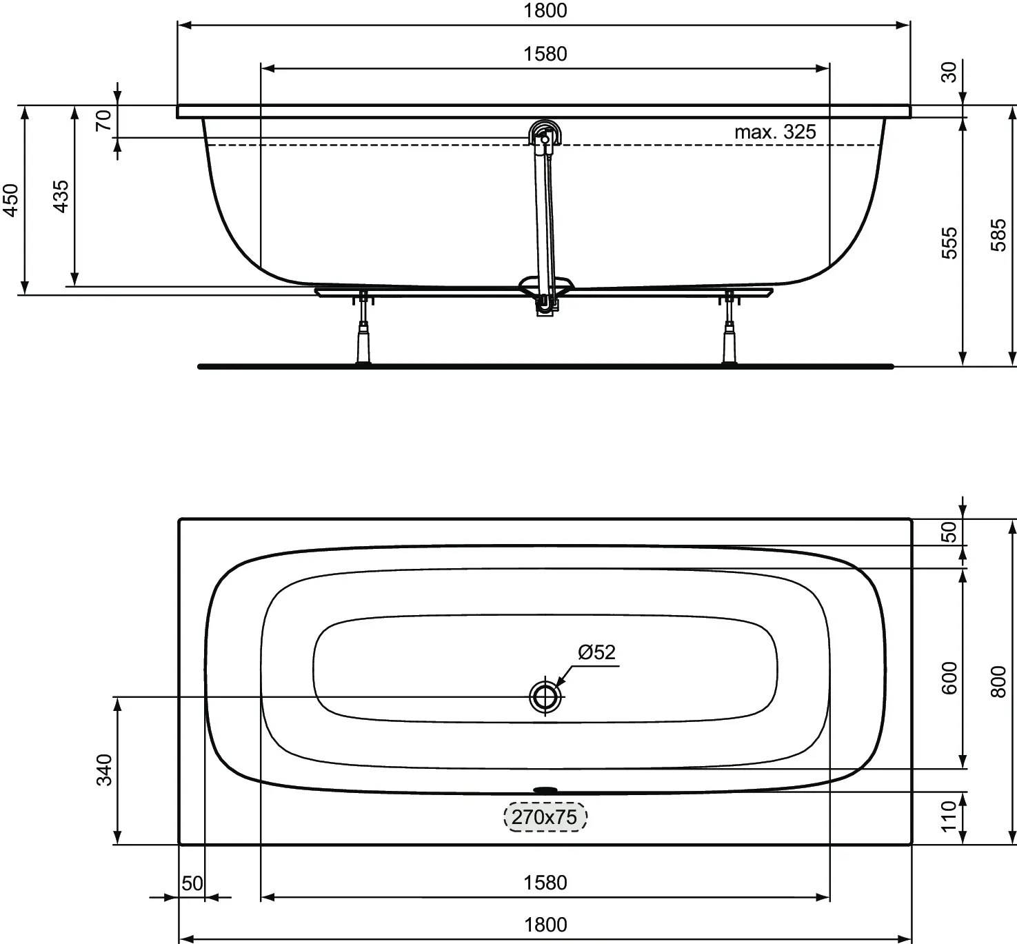 Ideal Standard Badewanne „i.life“ 80 × 180 cm
