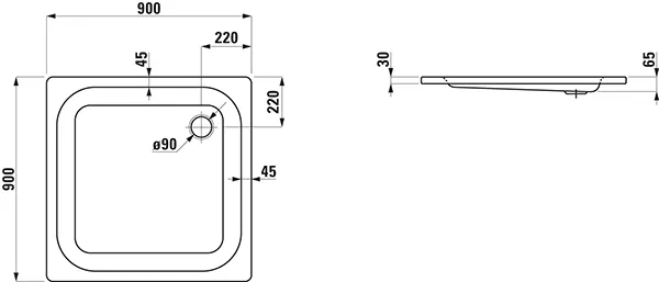 Laufen rechteck Duschwanne „Platina“ 900 × 900 mm ohne Oberflächenbeschichtung, in Weiß