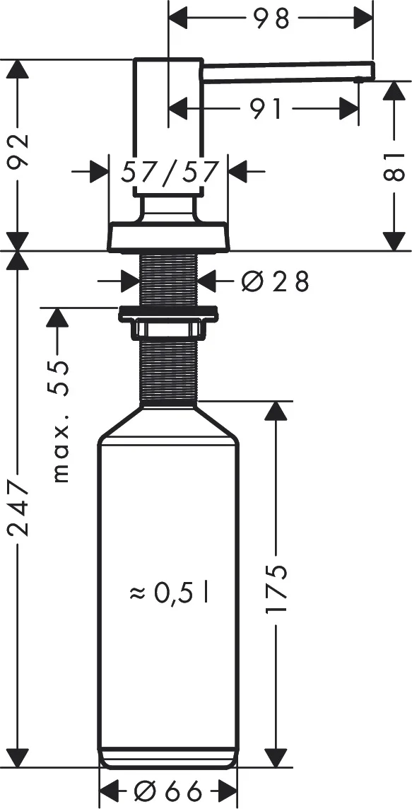Hansgrohe Spülmittelspender A71 chrom, Ausladung 91 mm, Metall, korrosionsbeständiges Auslaufrohr, Flascheninhalt 500 ml, Dosiermenge 2 ml, für Einbau in Arbeitsplatten bis 55 mm, einfache Montage ohne Werkzeug Hansgrohe Spülmittelspender A71 chrom, Ausladung 91 mm, Metall, korrosionsbeständiges Auslaufrohr, Flascheninhalt 500 ml, Dosiermenge 2 ml, für Einbau in Arbeitsplatten bis 55 mm, einfache Montage ohne Werkzeug