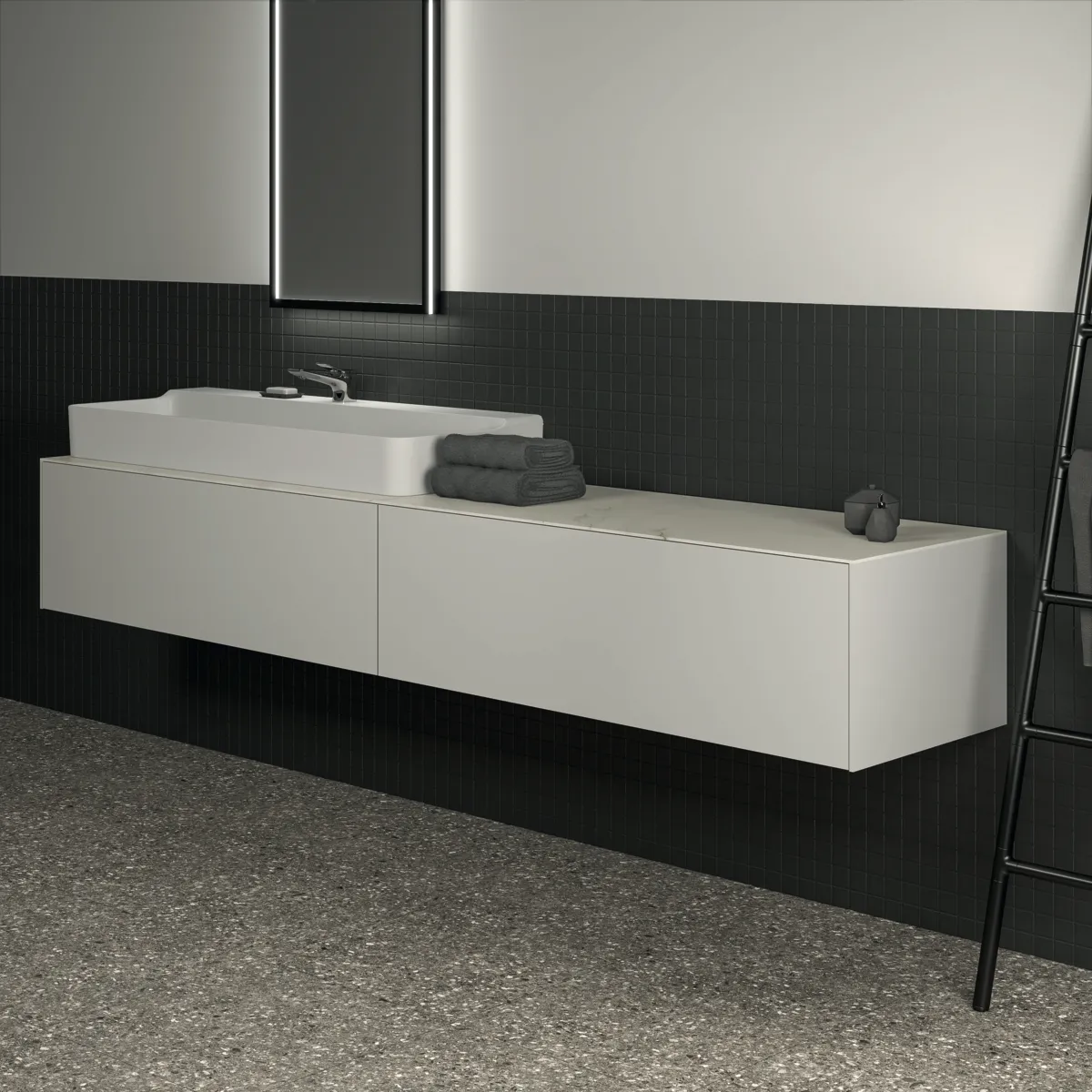 Waschtischplatte Conca, aus Keramik, 2387x505x6mm, Marmor Noir Desir