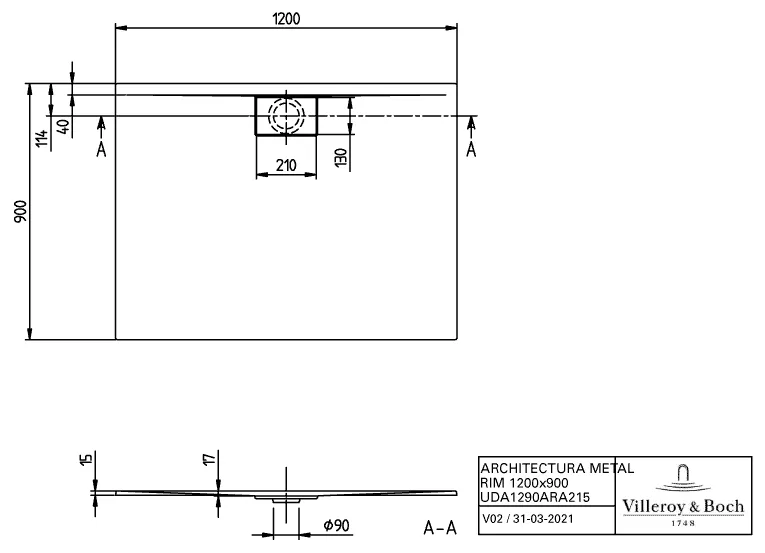 Villeroy & Boch rechteck Duschwanne „Architectura MetalRim“ 120 × 90 cm