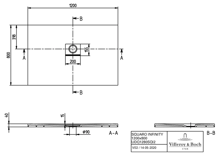 Villeroy & Boch rechteck Duschwanne „Squaro Infinity“ 120 × 80 cm