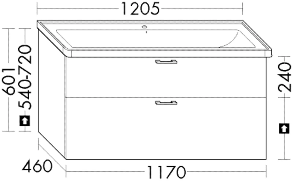 Waschtischunterschrank Sys30 von burgbad - 1.170 mm breit, 460 mm tief, 601 mm hoch, mit 1 Schublade oben und 1 Auszug unten, passend zu Duravit D-Neo 236712