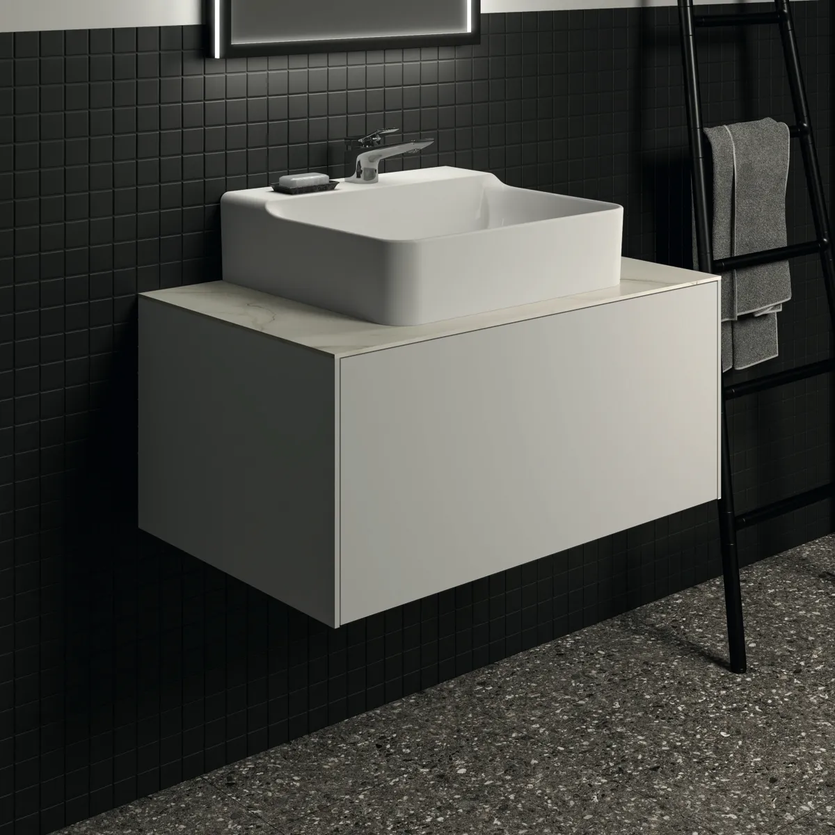 Waschtischplatte Conca, aus Keramik, 802x505x6mm, Marmor Noir Desir Waschtischplatte Conca, aus Keramik, 802x505x6mm, Marmor Noir Desir