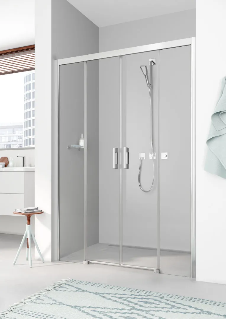 Kermi Duschtür Gleittür 4-teilig bodenfrei mit Festfeldern für Nische und Ecke „PEGA“ Glas SR Opaco, Profile Silber Hochglanz, BV: 1190 - 1230 mm GAK: 1190 - 1210 mm WE: 1190 - 1230 mm H: 1850 mm Kermi Duschtür Gleittür 4-teilig bodenfrei mit Festfeldern für Nische und Ecke „PEGA“ Glas SR Opaco, Profile Silber Hochglanz, BV: 1190 - 1230 mm GAK: 1190 - 1210 mm WE: 1190 - 1230 mm H: 1850 mm
