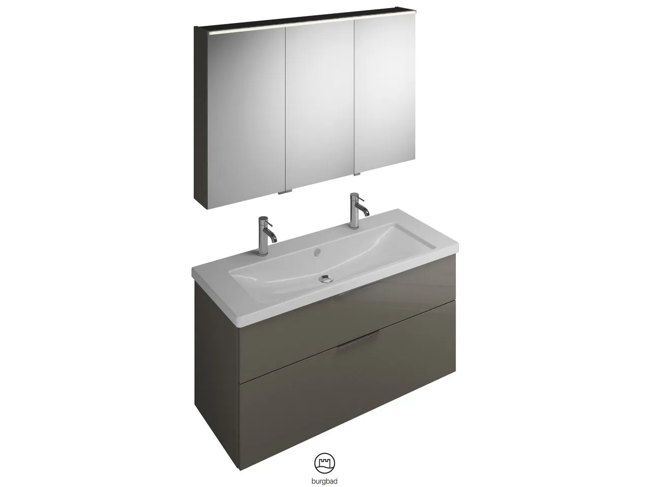 burgbad Badmöbelset Keramik-Waschtisch inkl. Waschtischunterschrank und Spiegelschrank „Eqio“ 123 cm Griff, Chrom, Weiß Matt (Lack)