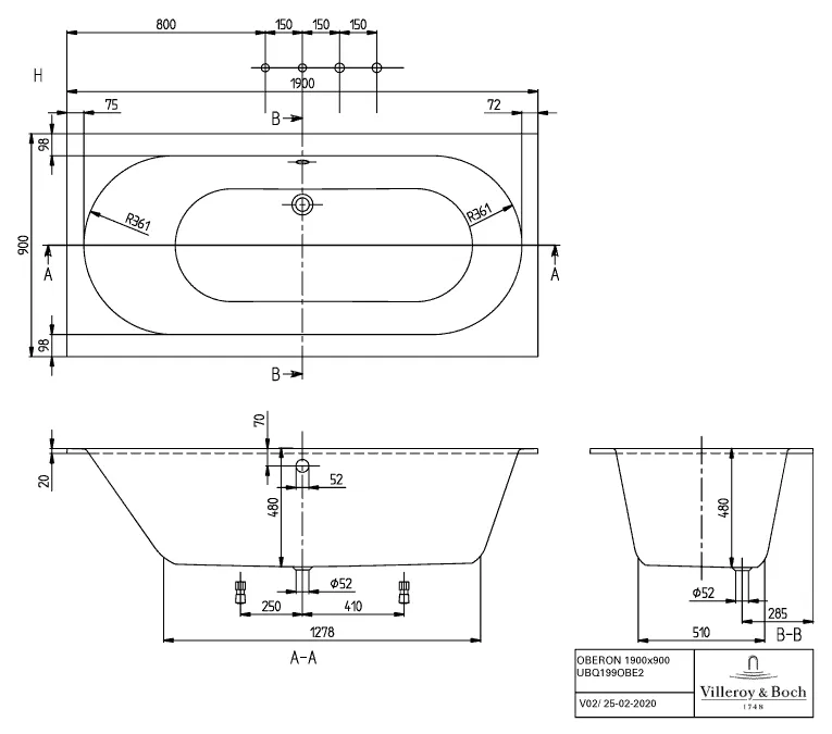 Villeroy & Boch Badewanne „Oberon“ rechteck 190 × 90 cm, Mittelablauf