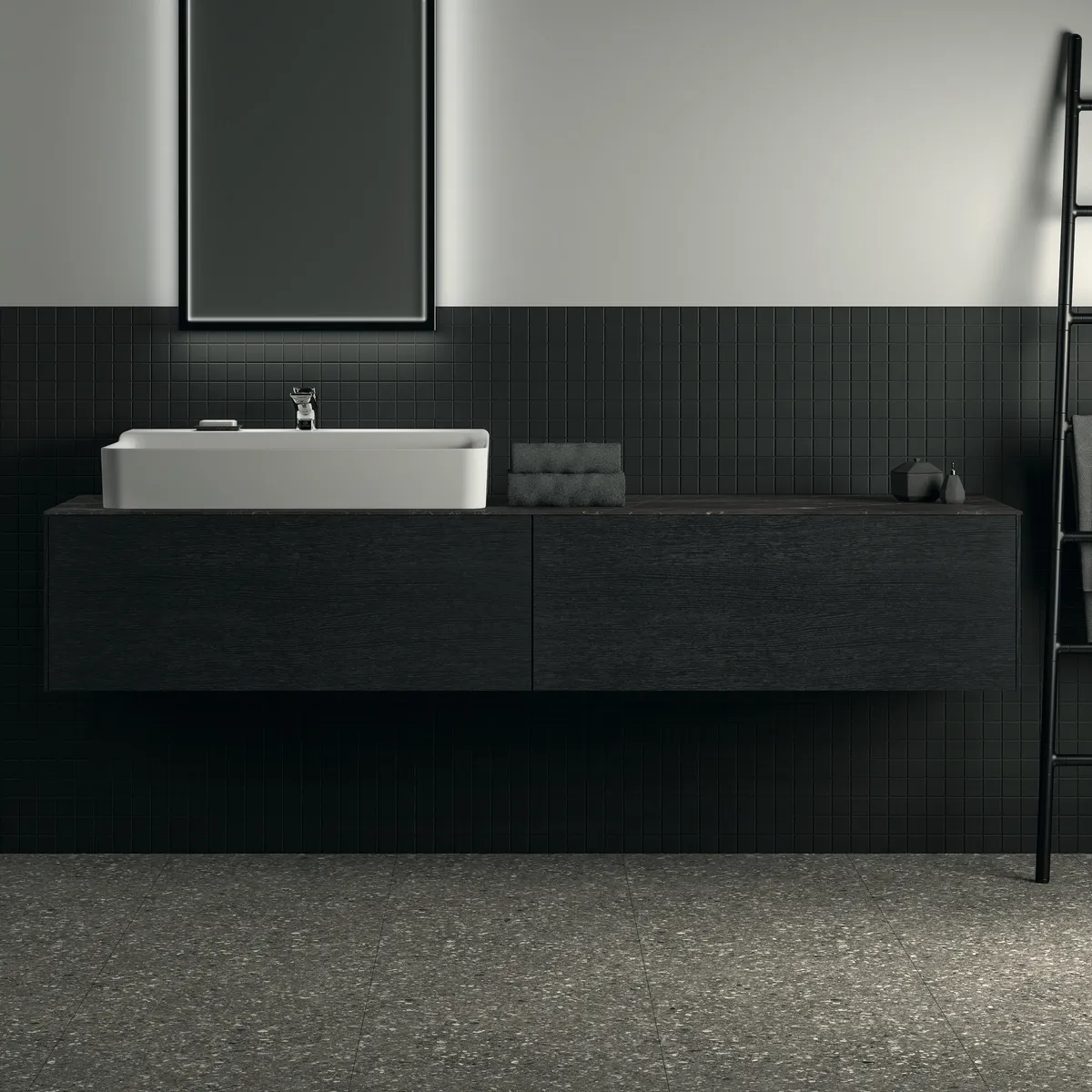 Waschtischplatte Conca, aus Keramik, 1987x505x6mm, Marmor Noir Desir