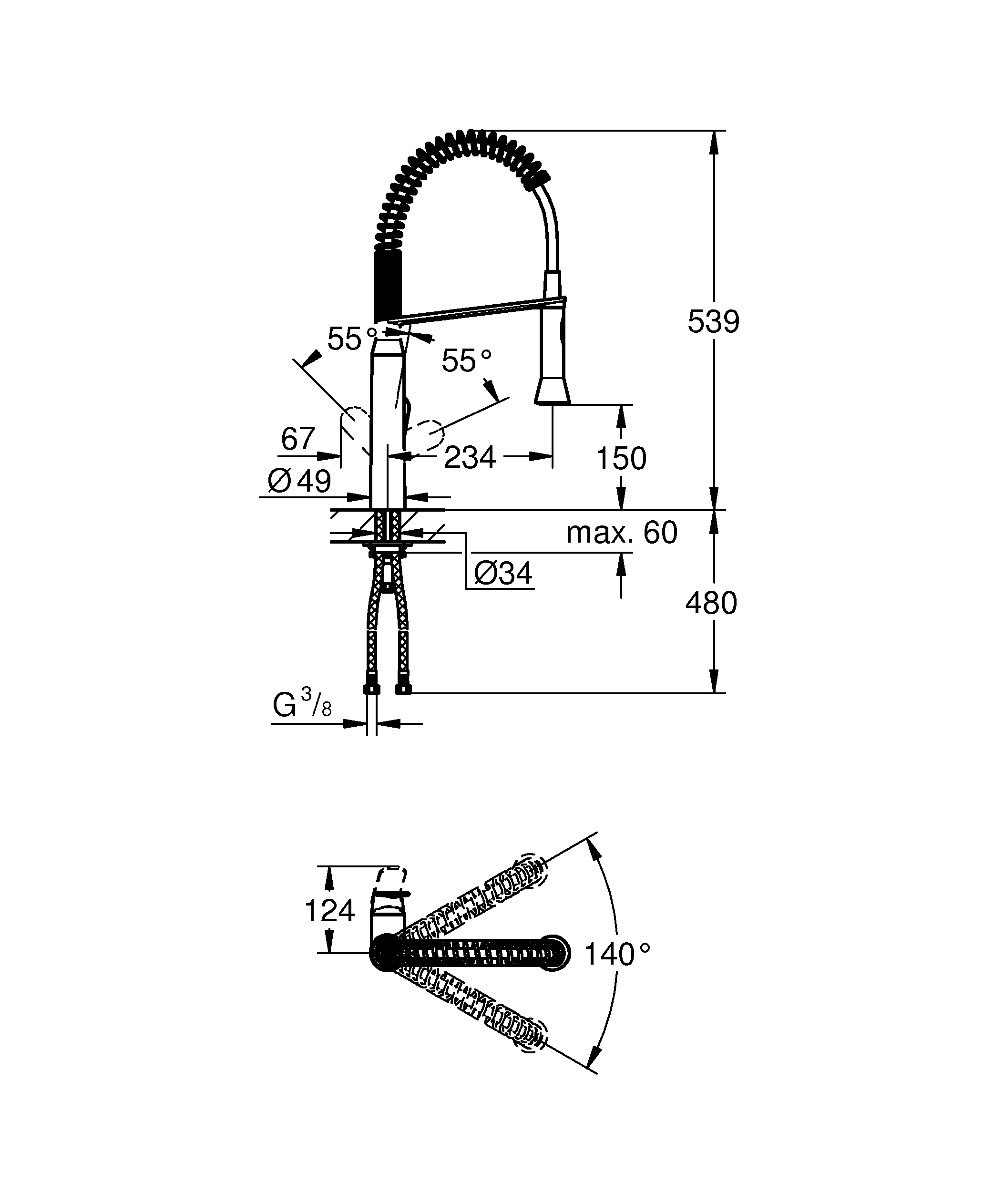 Einhand-Spültischbatterie K7 31379, Einlochmontage, herausziehbare SpeedClean Profibrause, Höhe 539 mm, chrom