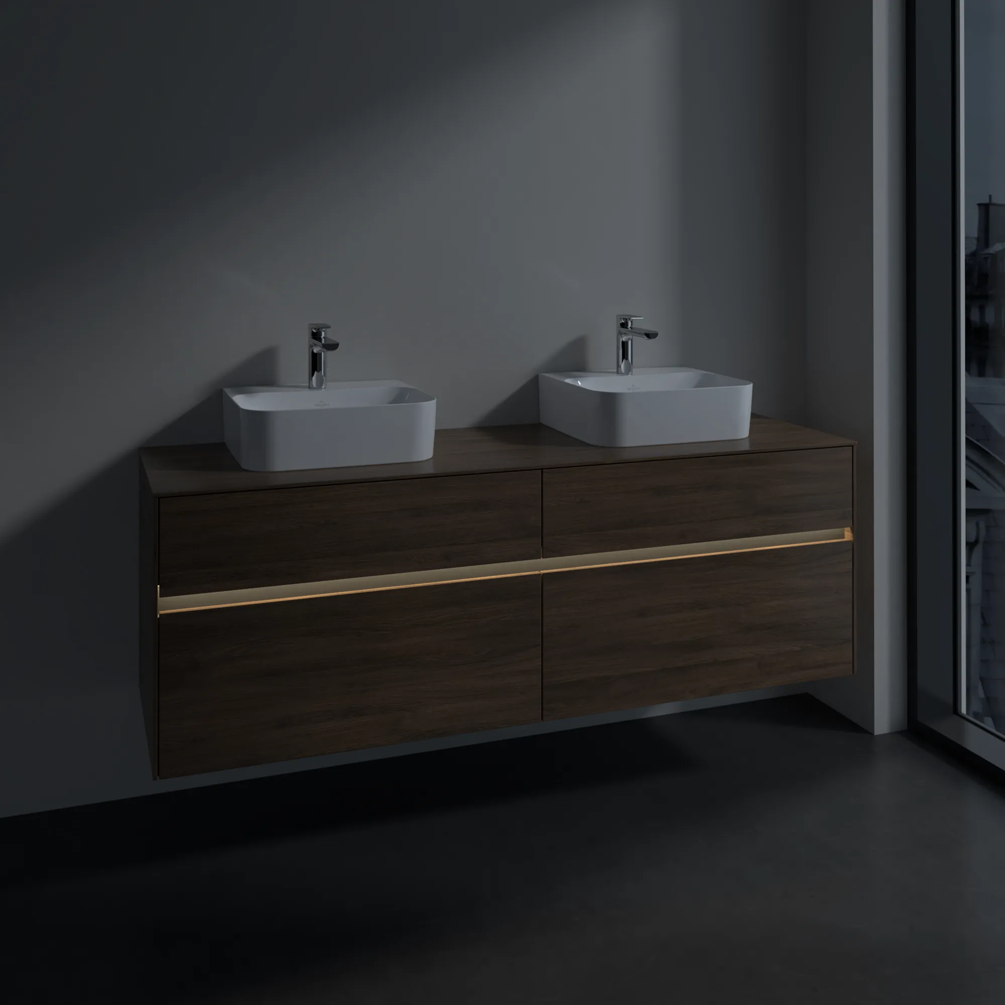 Villeroy & Boch Waschtischunterschrank „Collaro“ 1600 × 548 × 500 mm Arizona Oak, mit Beleuchtung, für links und rechts