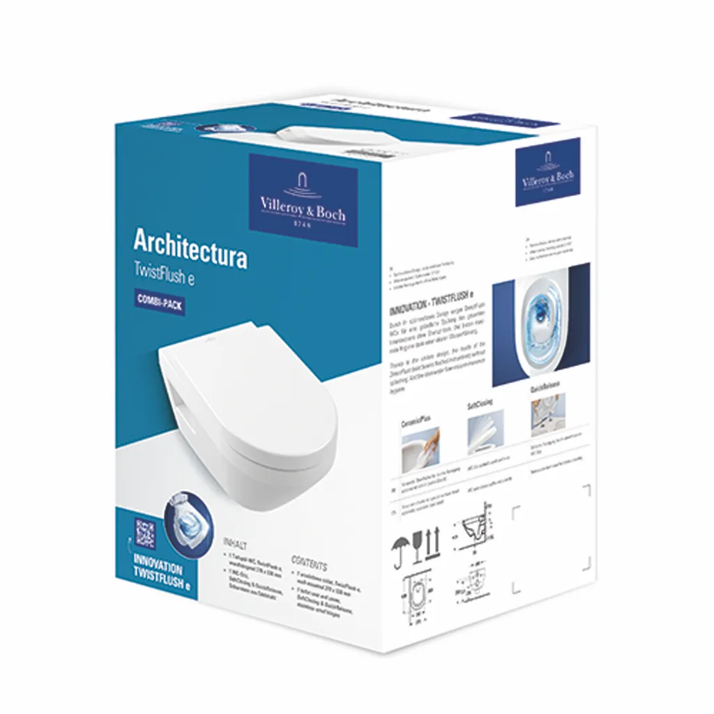 Wand-Tiefspül-WC Combi-Pack TwistFlush „Architectura“ 37 × 35 × 53 cm in Weiß Alpin, Befestigung sichtbar, ohne Spülrand