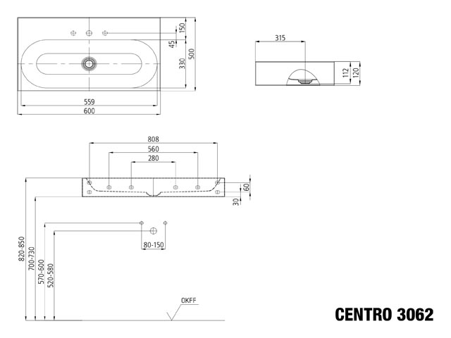 Wandwaschtisch „Centro“ 90 × 50 cm, mit Hahnlochbohrung in warm beige 20, mit Perl-Effekt