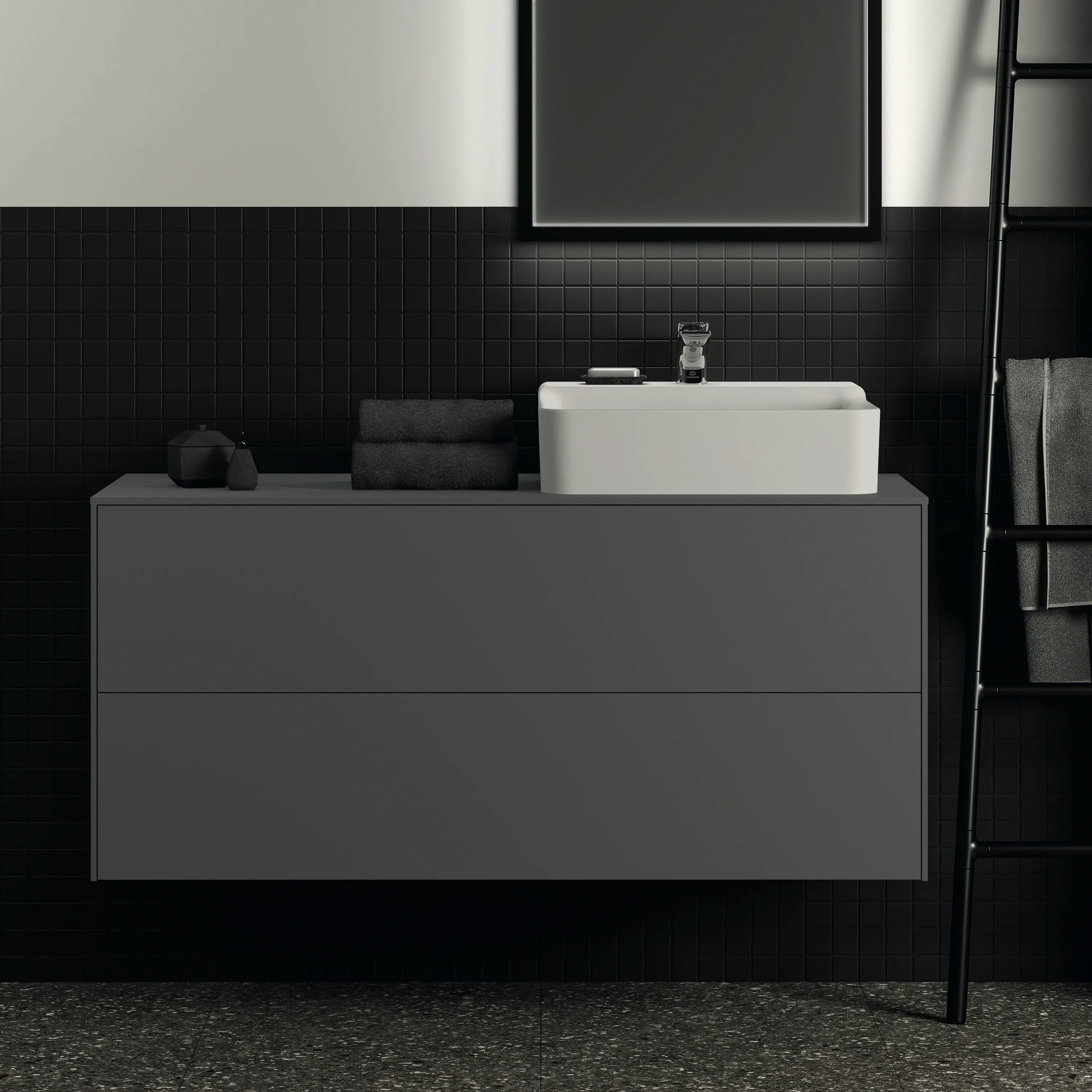 Ideal Standard Waschtischunterschrank Conca, Anthrazit matt, 1.202 x 505 x 550 mm, 2 Auszüge mit Push-Open und Softclose-Einzug, wahlweise Ausschnitt links oder rechts