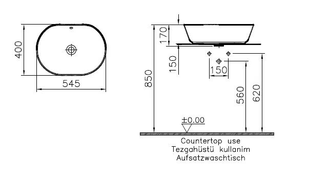 VitrA Geo Aufsatzschale oval 55 x 40 cm ohne Hahnloch mit Überlaufloch mittig