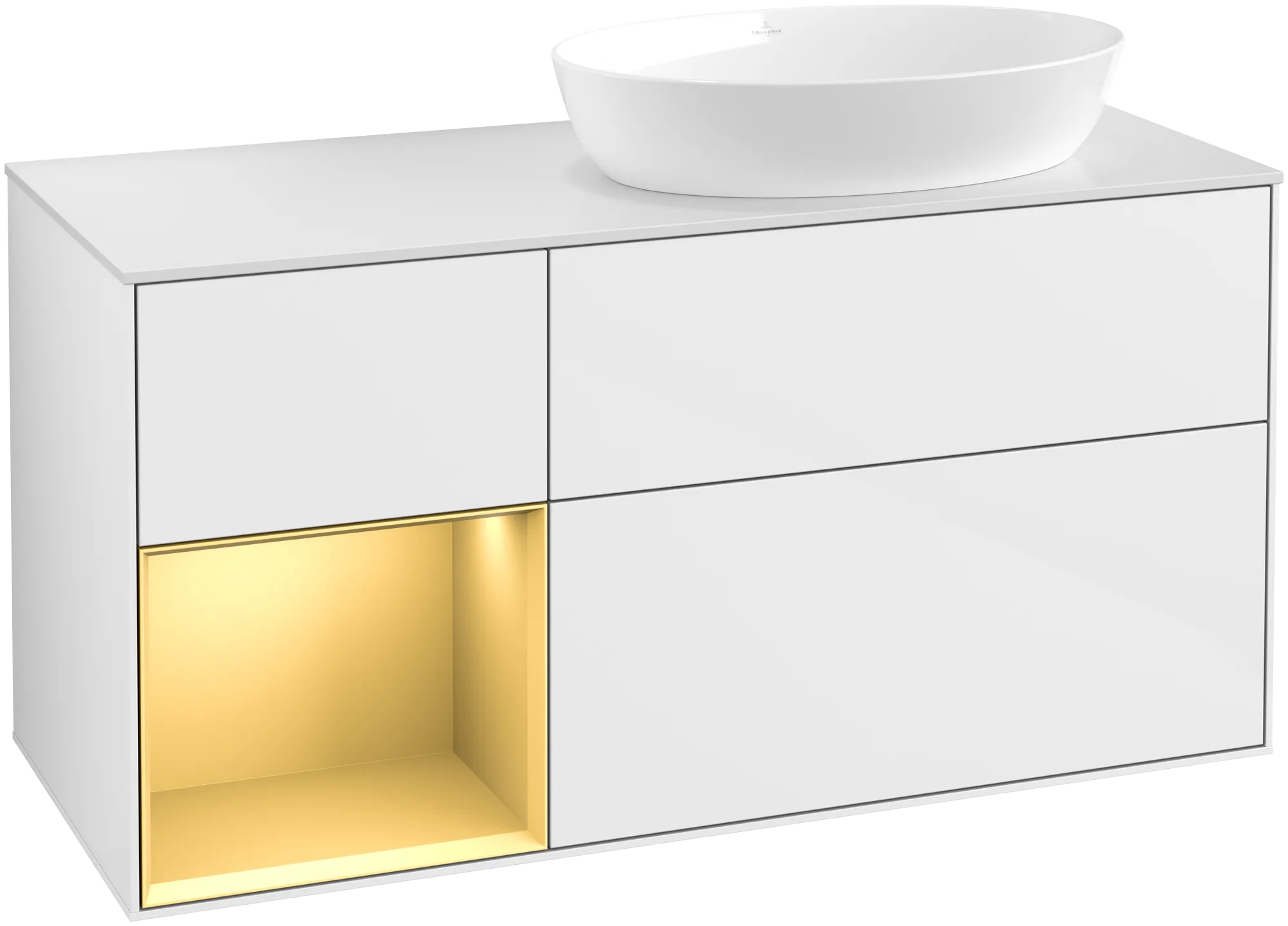 Villeroy & Boch Finion FA4 Waschbeckenunterschrank, 1200x603x501mm, Glossy White Lacquer / Gold Matt Lacquer / Glass White Matt