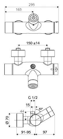 Aufputz-Duscharmatur VITUS VD-C-T / o, Mischwasser, Thermostat, Elektronisch, Selbstschluss, 2 RFV, Batteriefach, 2x DN 15 G 1/2 AG, DN 15 G 1/2 AG (oben), SWS Bus-Extender VITUS BE-FV, chrom