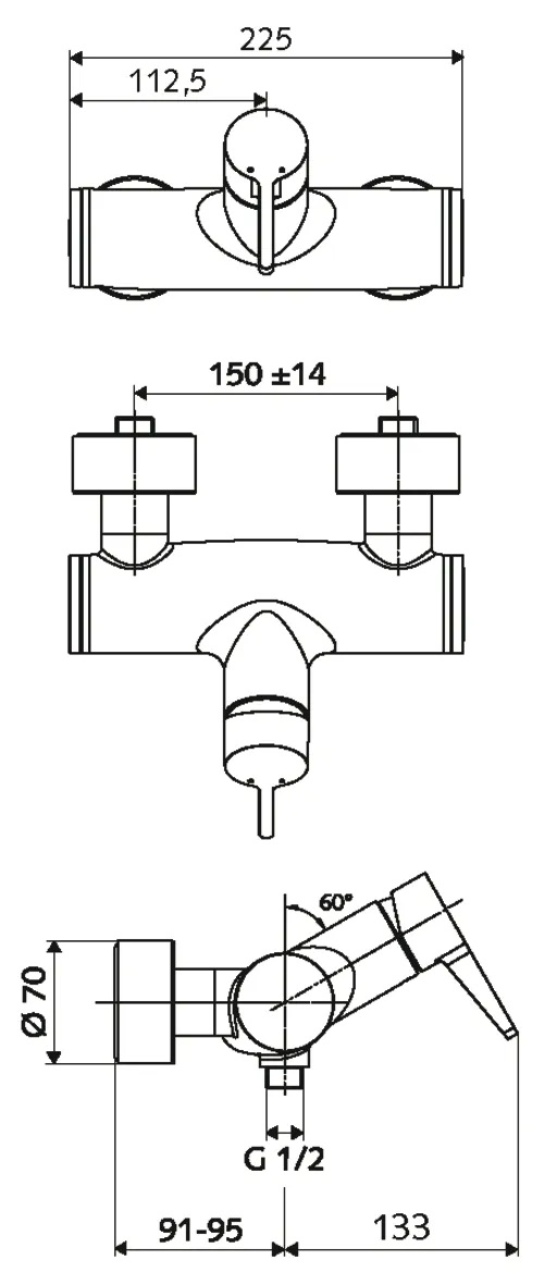 Aufputz-Duscharmatur VITUS VD-EH-M / u, Mischwasser, Einhebel-Aufputz-Duscharmatur, Ventil zur Durchführung einer manuellen thermischen Desinfektion (gemäß DVGW Arbeitsblatt W 551), 2x DN 15 G 1/2 AG, DN 15 G 1/2 AG (unten), chrom