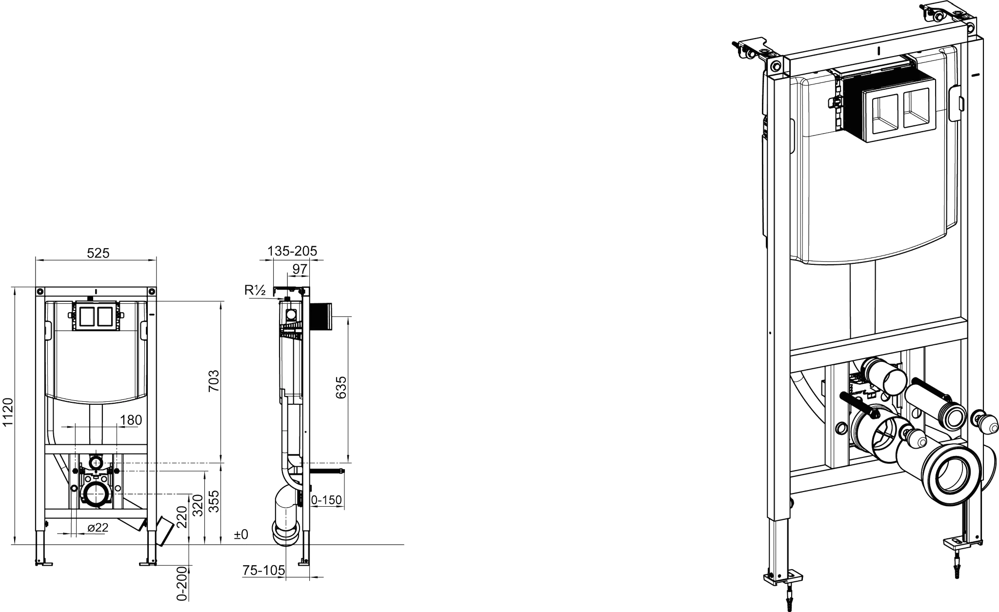 Villeroy & Boch WC-Vorwandelement ViConnect Installationssysteme, Stahl, Easy, 525 x 1120 x 135 mm, Höhe 1120 mm, Wanneneinbaumaß 0-200 mm