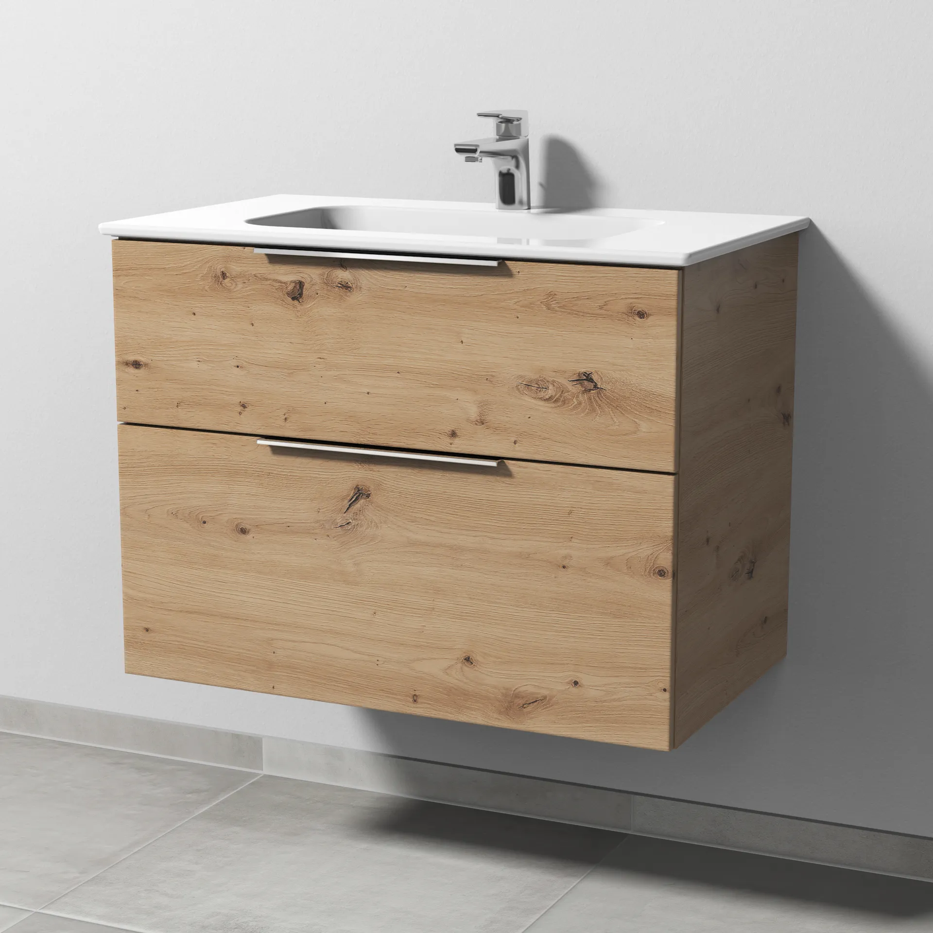 Keramik-Waschtisch-Set mit Waschtischunterschrank „3way“ 77 × 46 × 58,2 cm in Eiche Natural-Touch, mit Hahnlochbohrung, Becken mittig