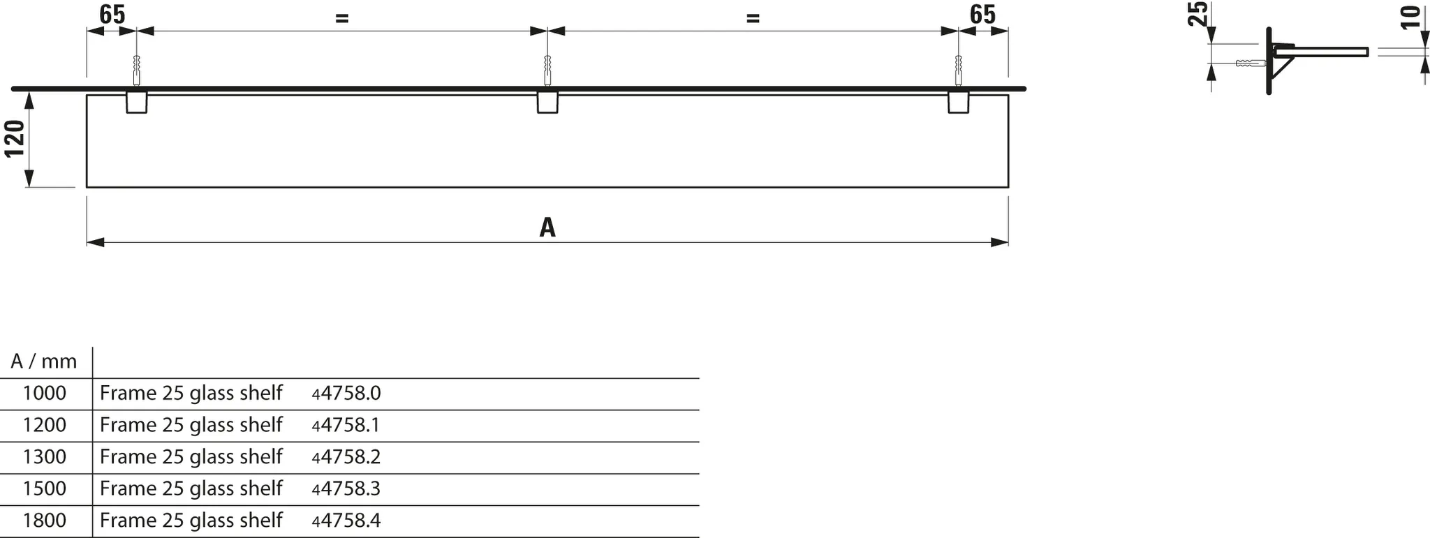 Glasablage FRAME 25 120x1300x10 mit 3 Wandbefestigungen silbereloxiert Glasablage FRAME 25 120x1300x10 mit 3 Wandbefestigungen silbereloxiert