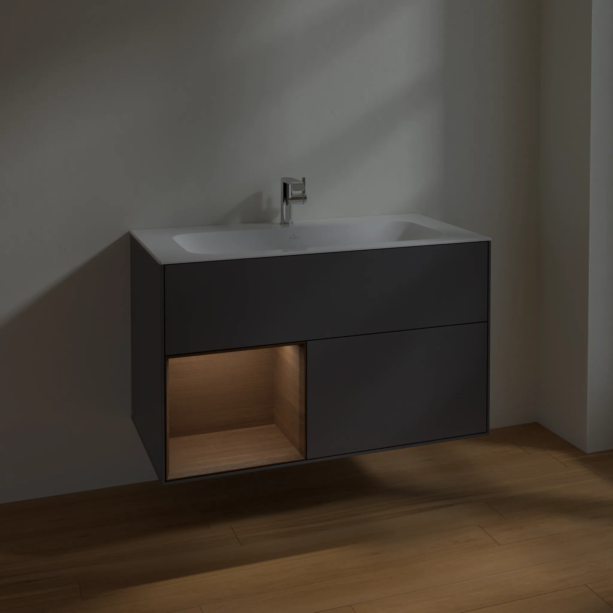 Villeroy & Boch Waschtischunterschrank „Finion“ für Schrankwaschtisch 996 × 591 × 498 mm Anthracite Matt Lacquer, für Becken mittig Villeroy & Boch Waschtischunterschrank „Finion“ für Schrankwaschtisch 996 × 591 × 498 mm Anthracite Matt Lacquer, für Becken mittig