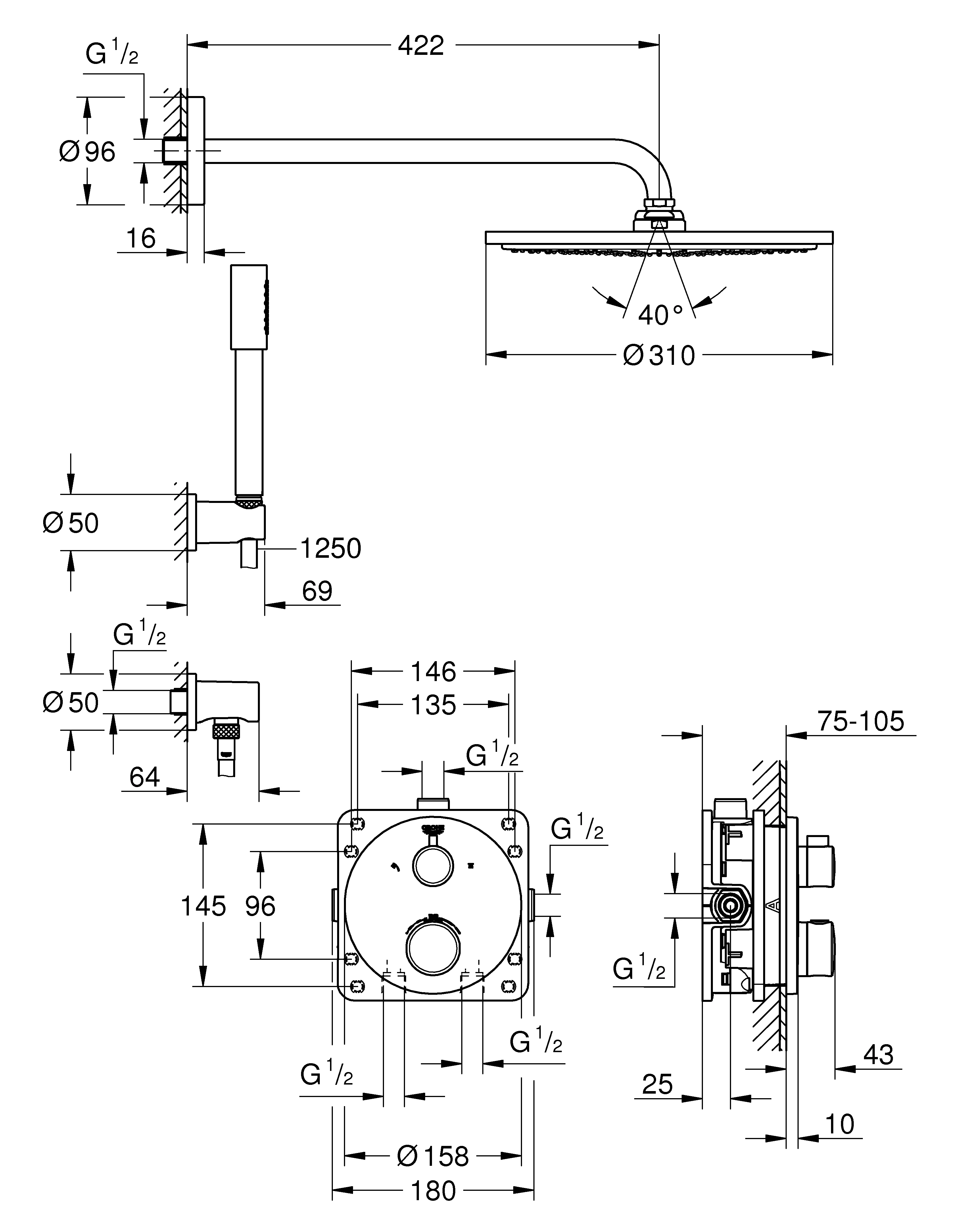 Duschsystem Unterputz Grohtherm 34731, mit Grohtherm Thermostat mit integrierter 2-Wege-Umstellung, Rainshower Cosmopolitan 310 Metall-Kopfbrause, runde Rosette, chrom