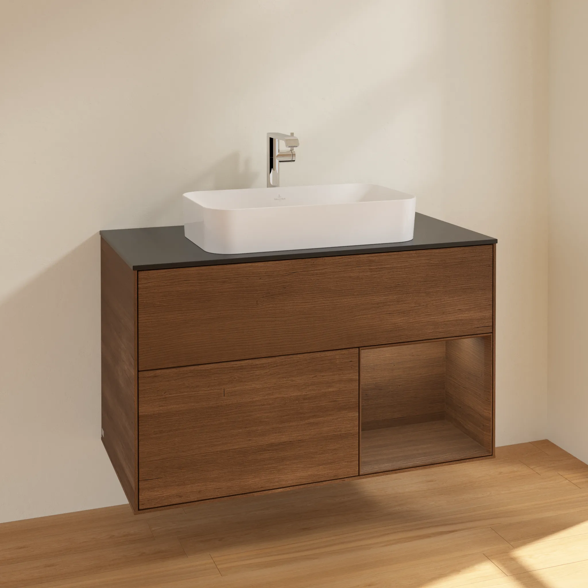 Villeroy & Boch Waschtischunterschrank „Finion“ für Schrankwaschtisch 1000 × 603 × 501 mm Walnut Veneer, mit Hahnlochbohrung, für Becken mittig