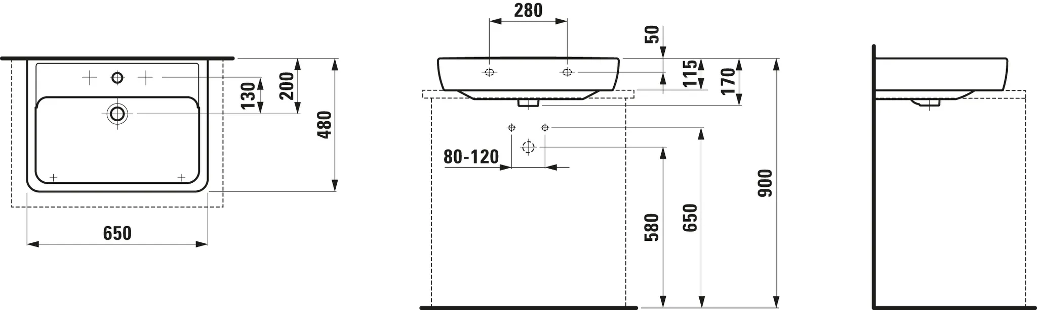 Aufsatzwaschtisch PRO A 480x650x170 1 Hahnloch mit Überlauf weiß