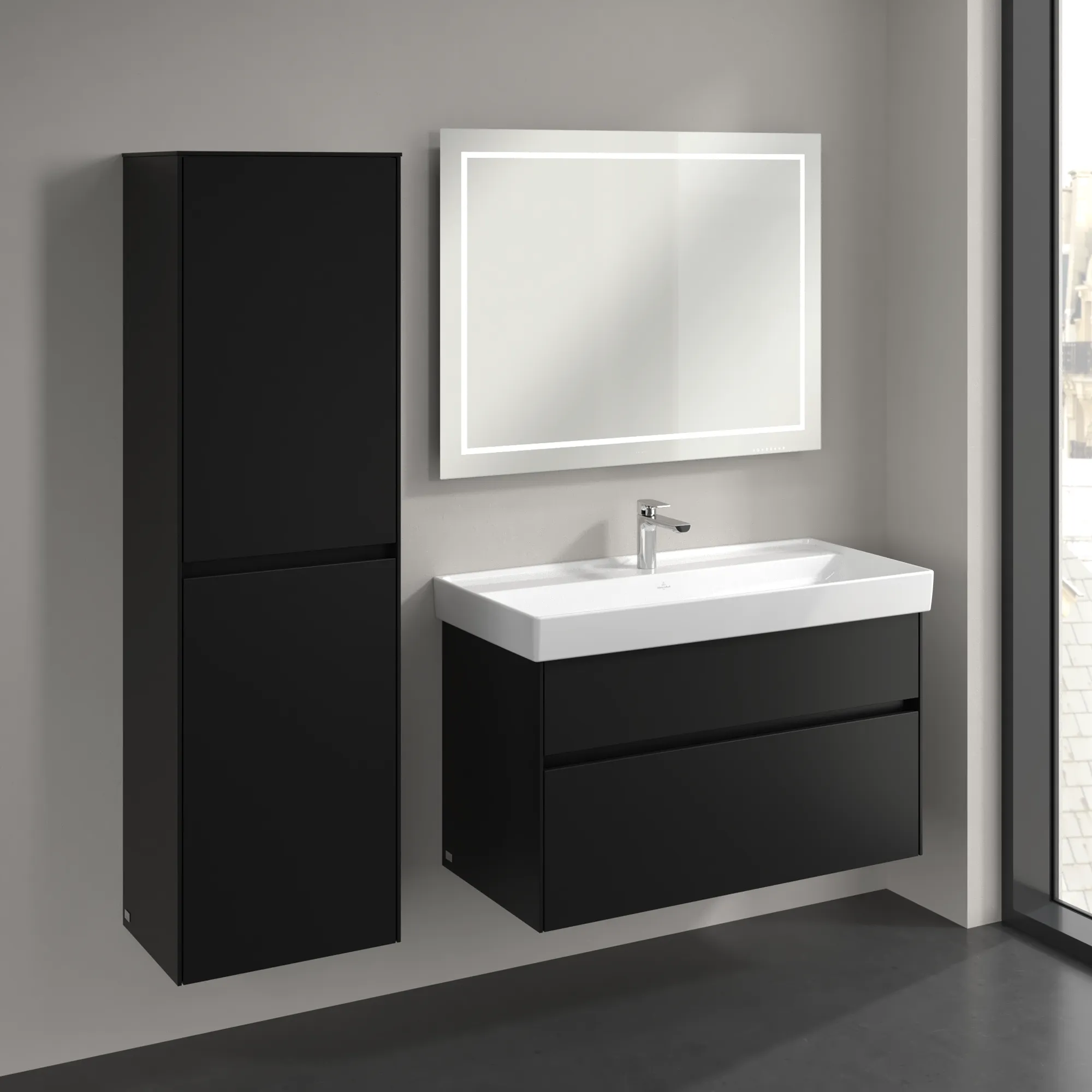 Villeroy & Boch Collaro Hochschrank C03400, 454x1538x347mm, 2 Türen, links Anschlag, Volcano Black Villeroy & Boch Collaro Hochschrank C03400, 454x1538x347mm, 2 Türen, links Anschlag, Volcano Black