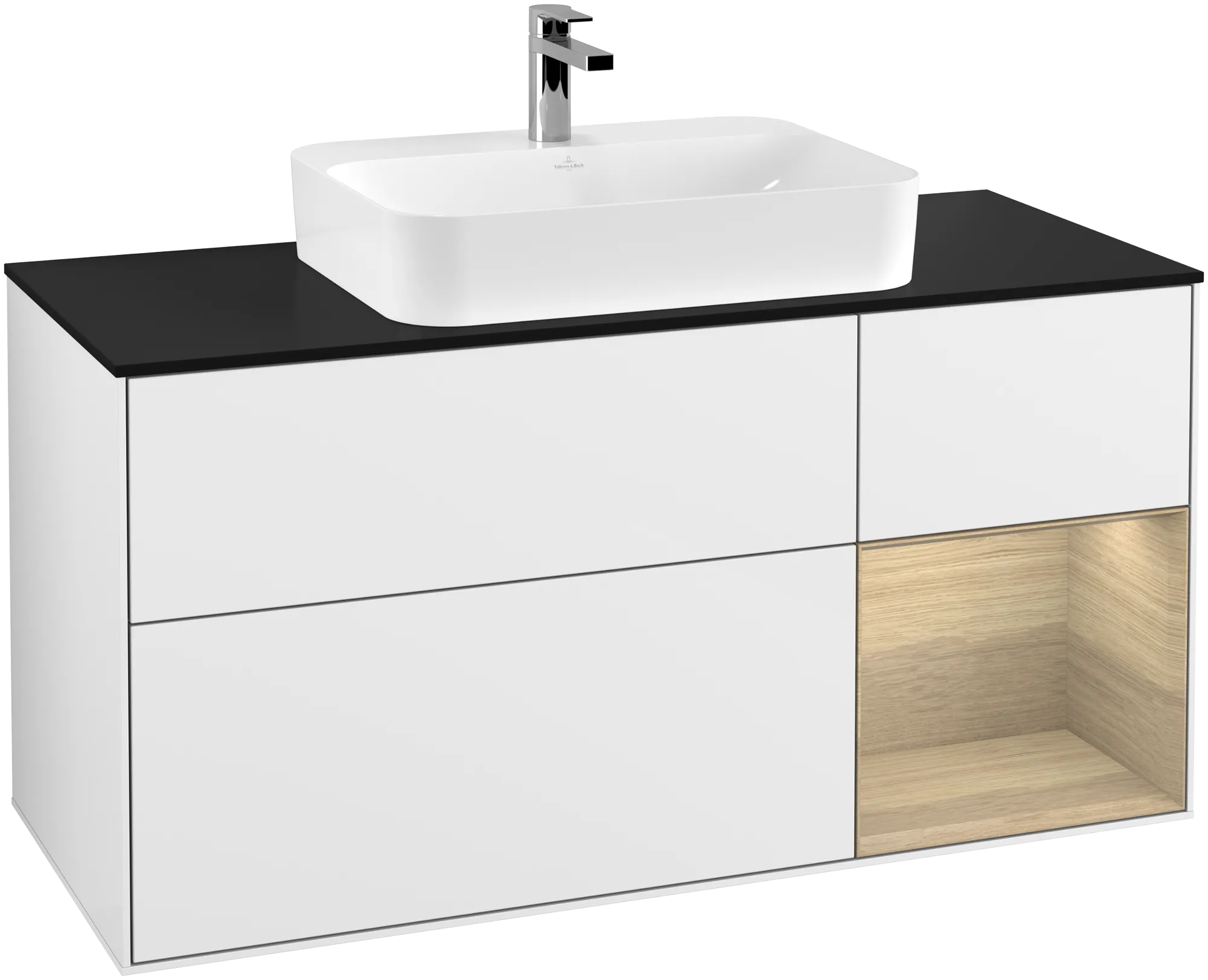 Villeroy & Boch Finion Waschbeckenunterschrank G42 1200x603x501mm Glossy White Lacquer / Oak Veneer / Glass Black Matt