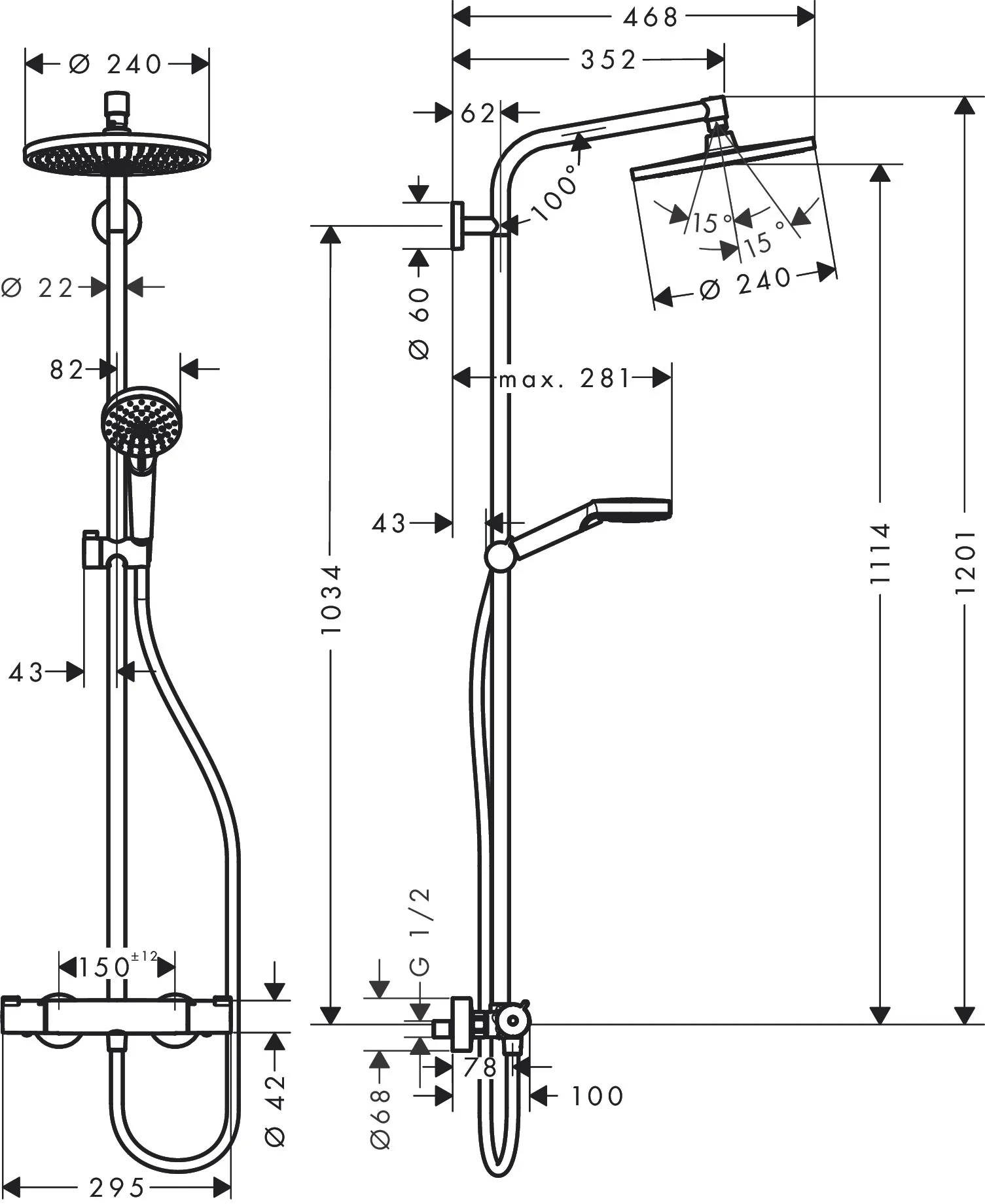 Hansgrohe Crometta S Showerpipe 240 chrom - 1-Jet mit Thermostat, Aufputzinstallation, DN15, 350 mm Brausearmlänge