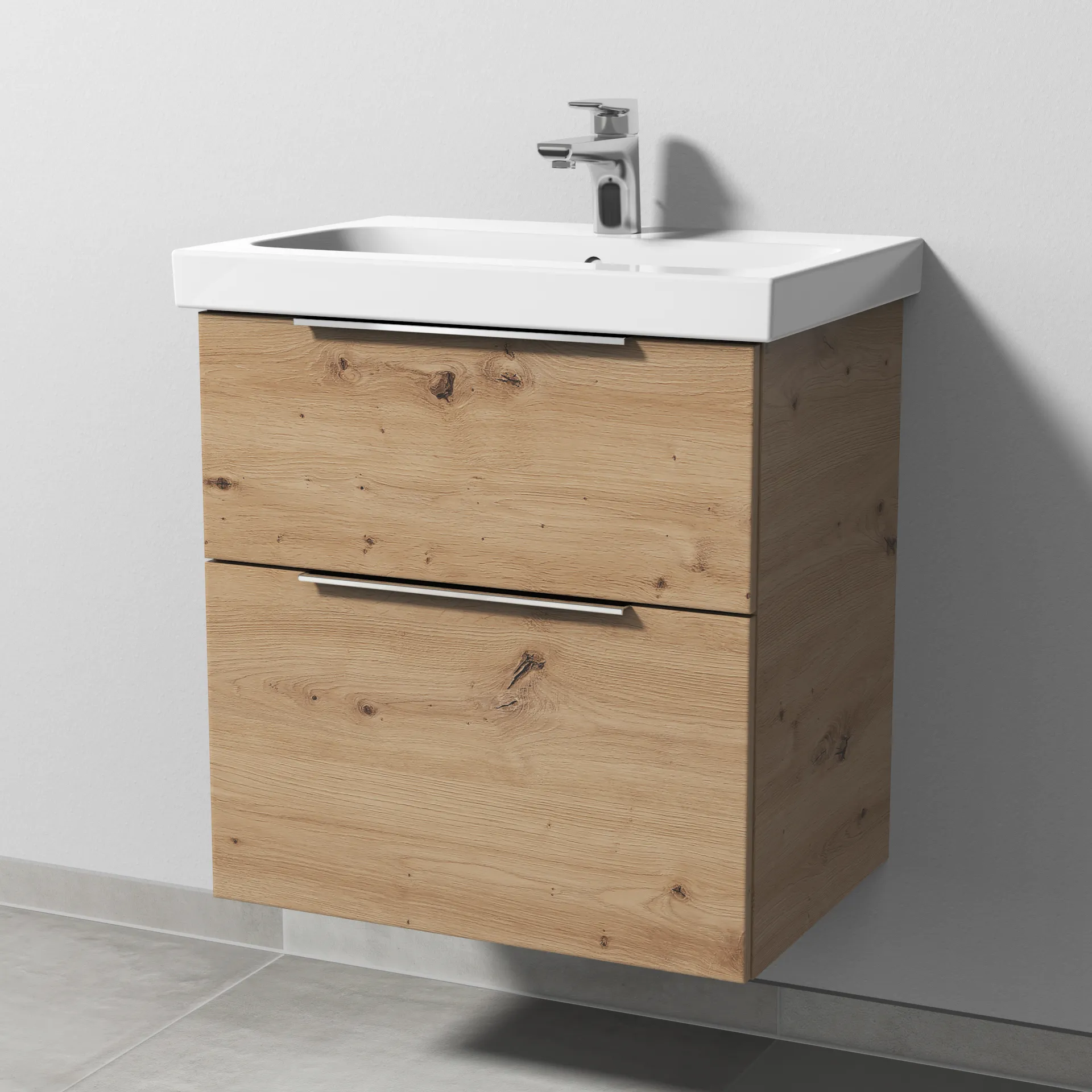 Sanipa Waschtischunterschrank „3way“ passend zu Keramik-Waschtische iCon Light von Geberit 560 × 591 × 407 mm in Eiche Natural-Touch, Becken mittig,