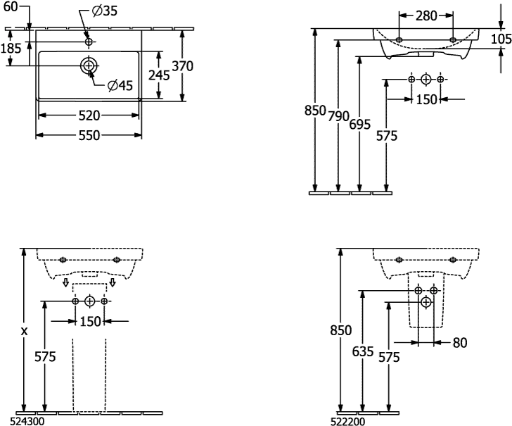 Villeroy & Boch Wandwaschtisch „Avento“ Compact 550 × 370 × 155 mm, für Becken mittig, mit Hahnlochbohrung, Hahnlochposition mittig in Weiß Alpin Villeroy & Boch Wandwaschtisch „Avento“ Compact 550 × 370 × 155 mm, für Becken mittig, mit Hahnlochbohrung, Hahnlochposition mittig in Weiß Alpin