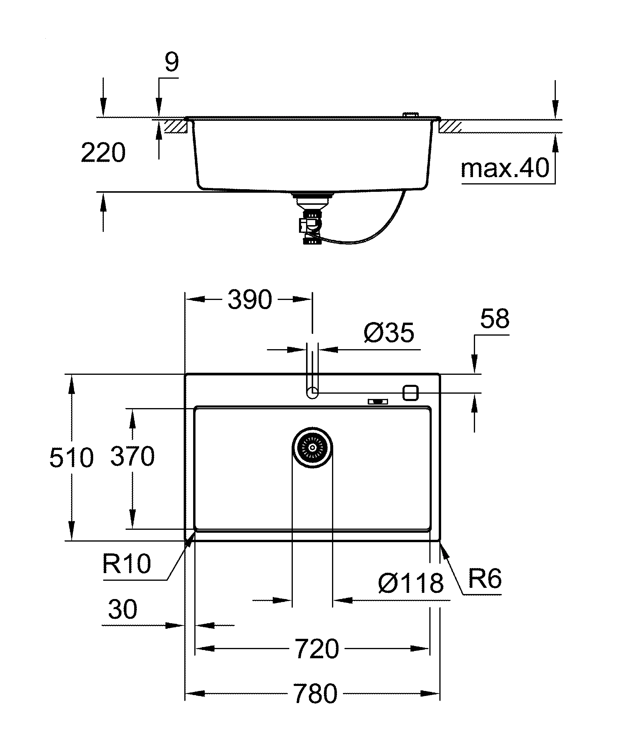 Kompositspüle K700 31652, Modell: K700 80-C 78/51 1.0, Montageart: Standard-Einbauspüle, Maße: 780 x 510 mm, 1 Becken: 720 x 370 x 220 mm, granit schwarz