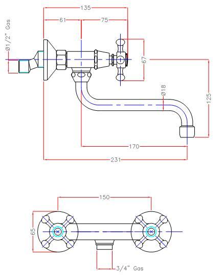 Spültisch-Wandbatterie AqvaRetro I - S-Anschlüsse mit Rosetten - schwenkbarer Auslauf - keramische Innenoberteile 90° - chrom