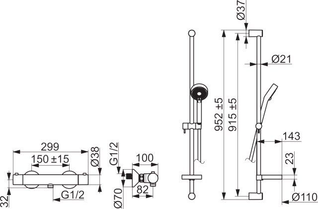 HA Brausebatterie mit Brausegarnitur HANSAUNITA 4813 3-strahlig DN15 Chrom