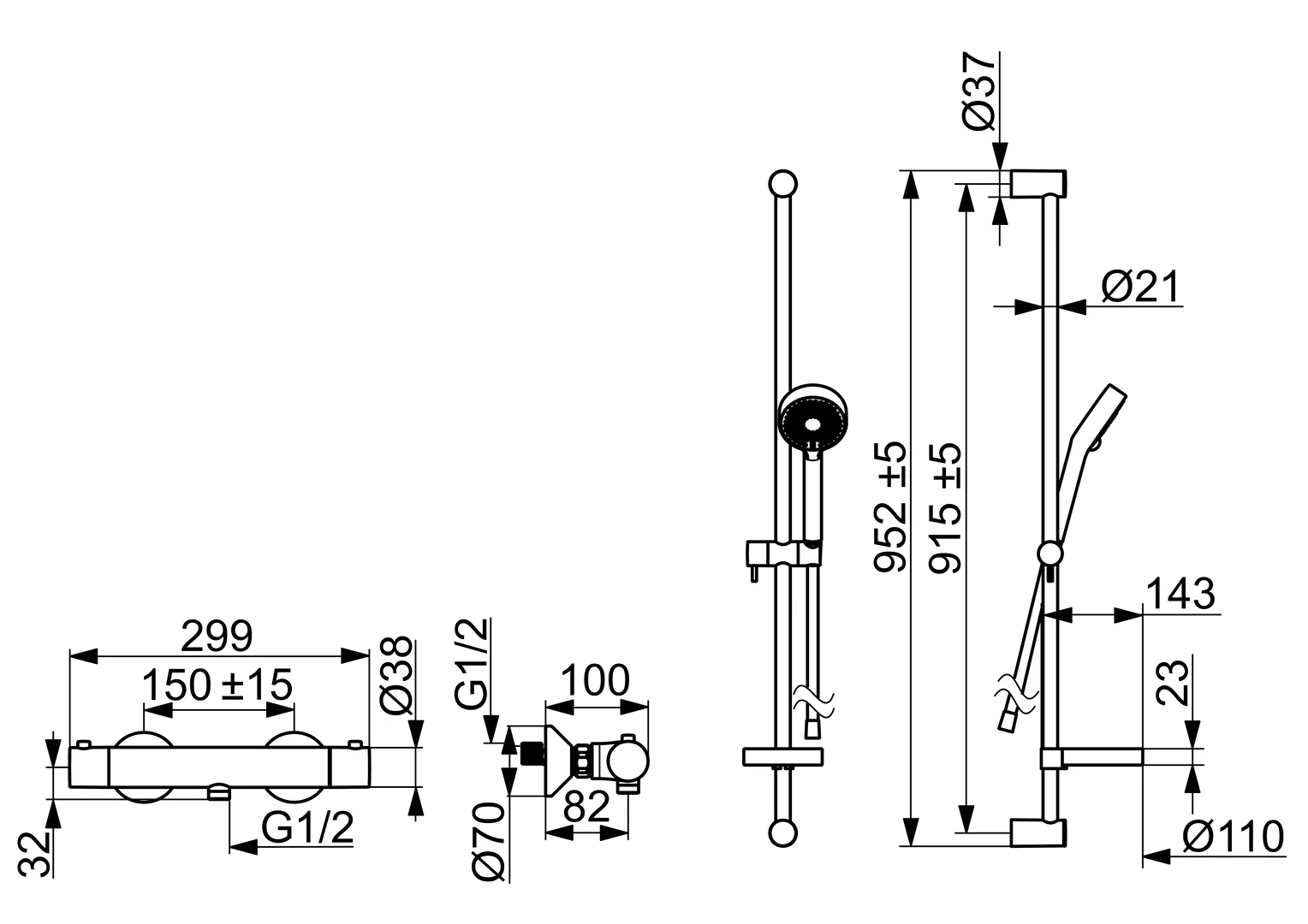 HansaUNITA Duscharmatur Hansaunita Brausebatterie mit Brausegarnitur HansaUNITA 4813 3-strahlig DN15 Chrom