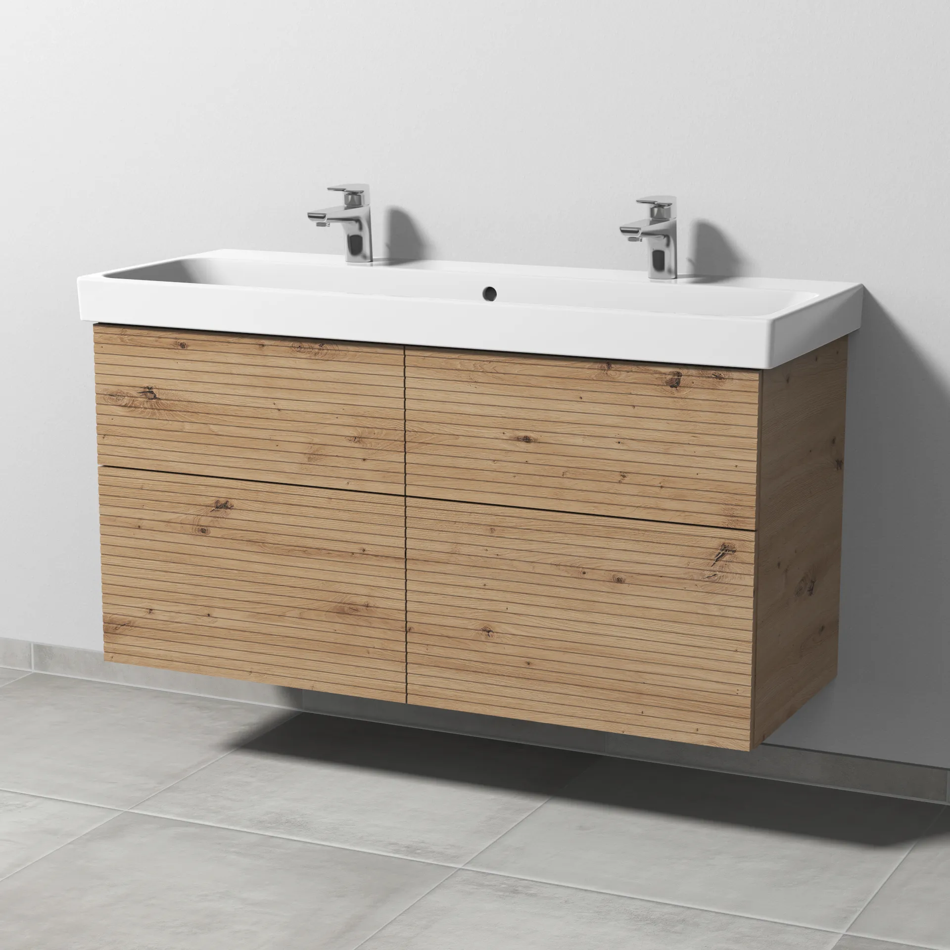 Sanipa Waschtischunterschrank „3way“ Struktur 1150 × 588 × 453 mm in Eiche Natural-Touch, mit Hahnlochbohrung, Becken mittig