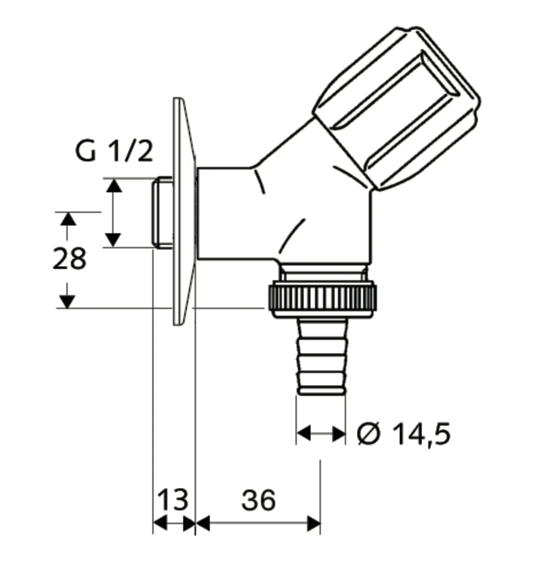 Geräteschrägsitzventil COMFORT, RFV, DN 15 G 1/2 AG, Schlauchverschraubung Ø 14,5 mm (DN 20 G 3/4 AG), chrom Geräteschrägsitzventil COMFORT, RFV, DN 15 G 1/2 AG, Schlauchverschraubung Ø 14,5 mm (DN 20 G 3/4 AG), chrom