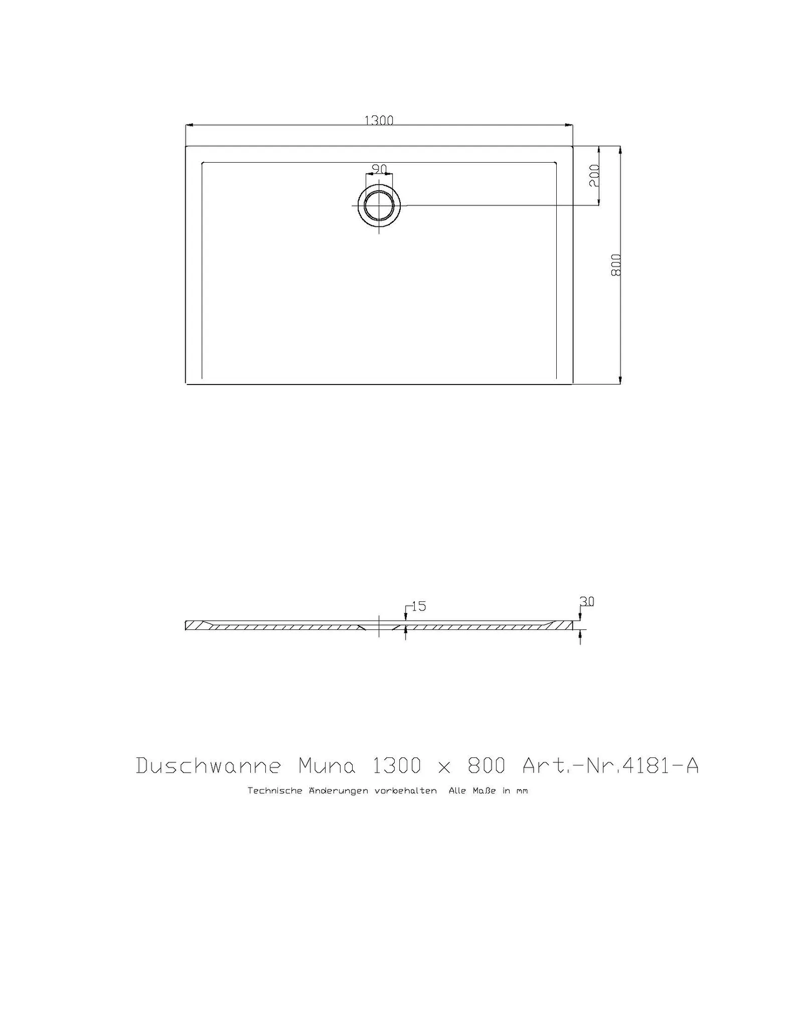 Duschwanne „Muna“ Rechteck 130 × 80 cm in Schiefergrau