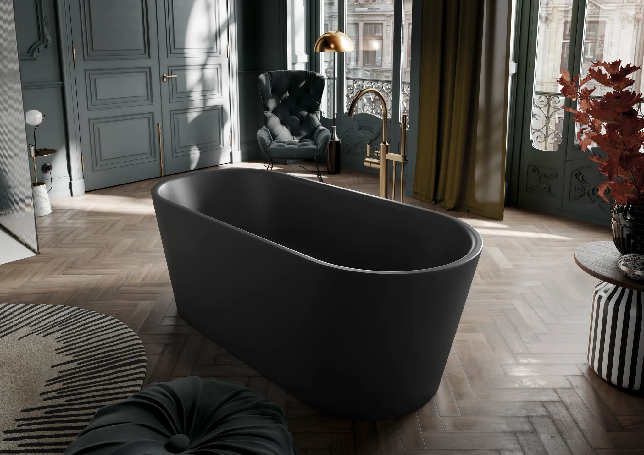 Kaldewei MEISTERSTÜCK CLASSIC DUO OVAL Badewanne, schwarz matt, 1550x660 mm, oval, freistehend mit mittigem Ab- und Überlaufdeckel