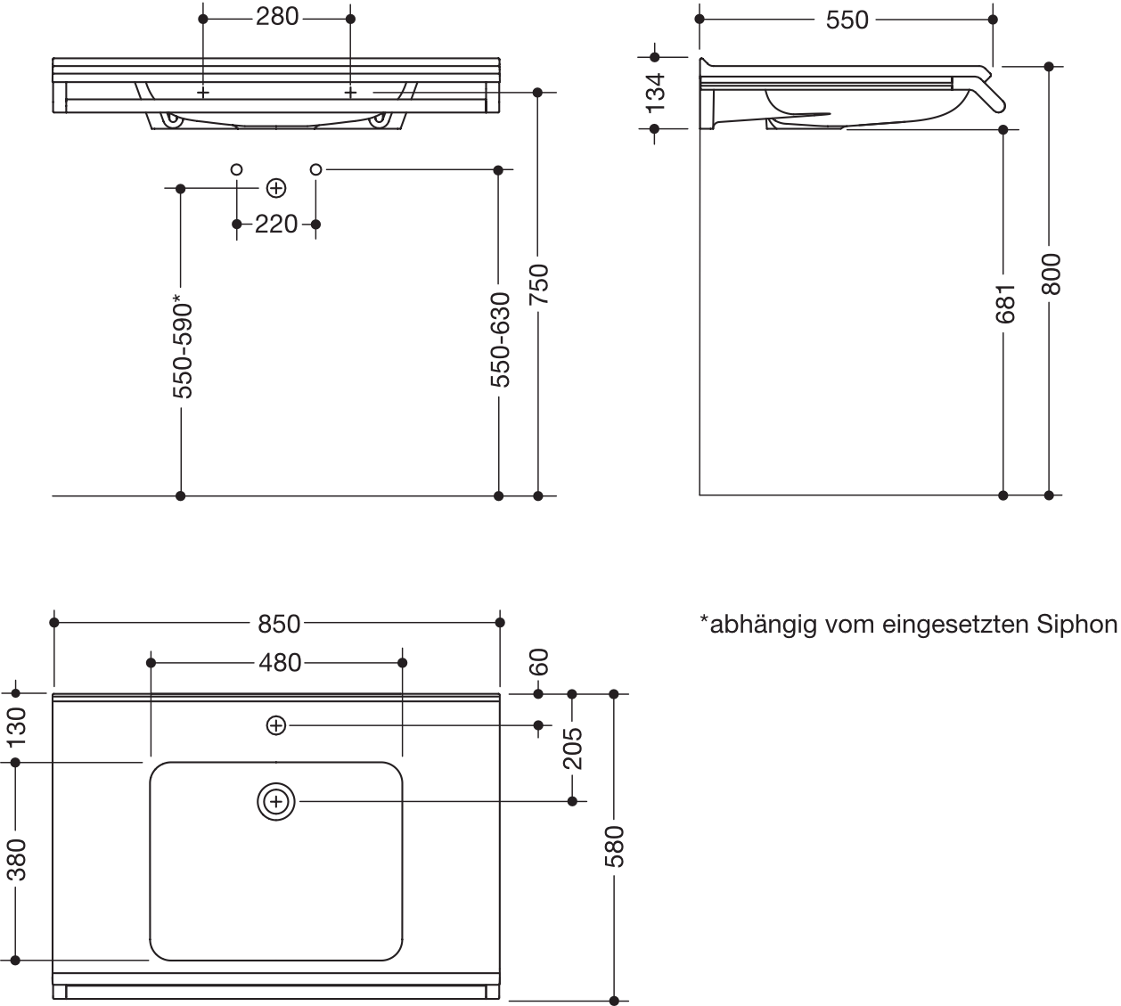 Wandwaschtisch 85 × 58 × 14 cm in Schwarz tiefmatt