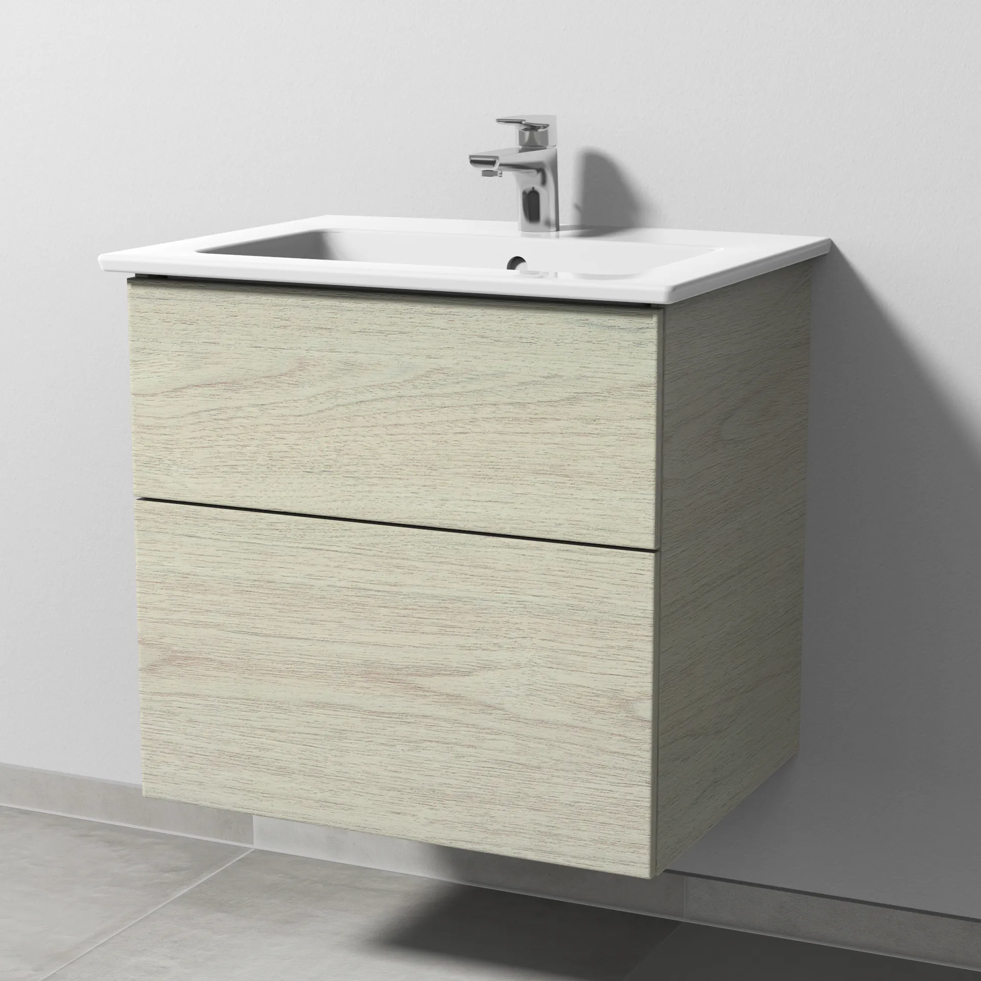 Keramik-Waschtisch-Set mit Waschtischunterschrank „3way“ 60,5 × 47,7 × 59,1 cm in White Oak, mit Hahnlochbohrung, Becken mittig Keramik-Waschtisch-Set mit Waschtischunterschrank „3way“ 60,5 × 47,7 × 59,1 cm in White Oak, mit Hahnlochbohrung, Becken mittig