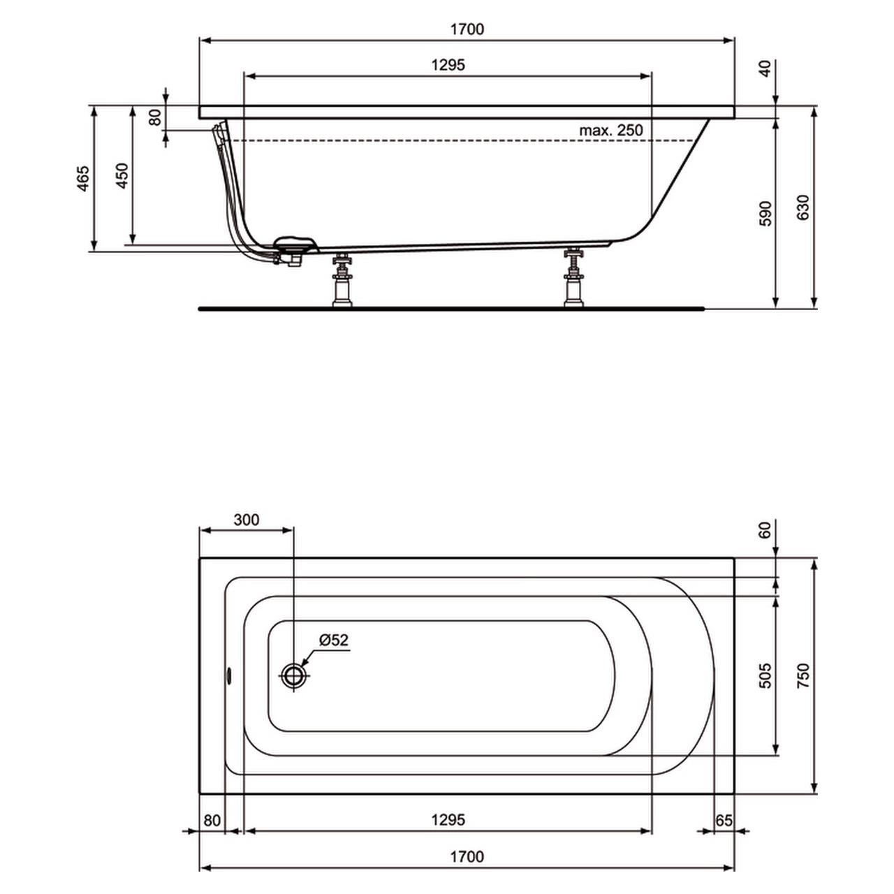 Set Badewanne 170 x 75 cm mit Ablauf und Träger, weiß