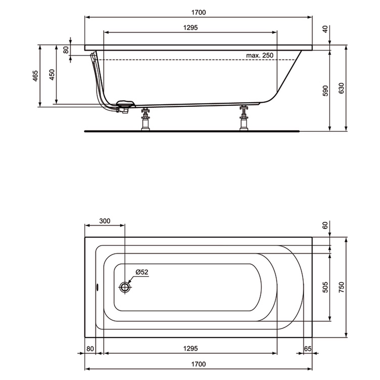 Set Badewanne 170 x 75 cm mit Ablauf und Träger, weiß Set Badewanne 170 x 75 cm mit Ablauf und Träger, weiß