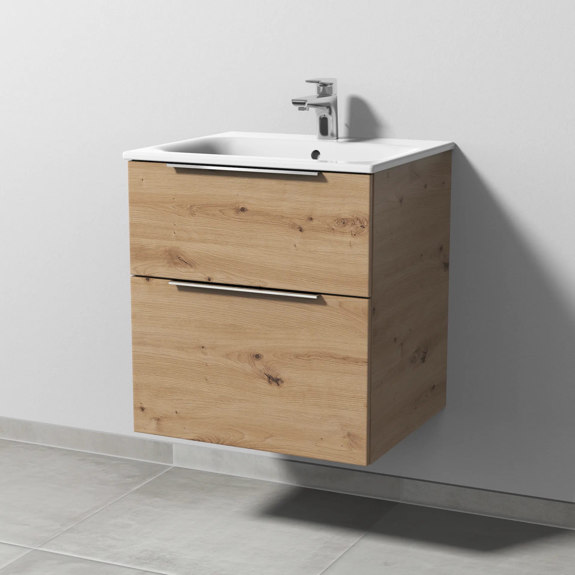 Sanipa Waschtischunterschrank „3way“ passend zu Keramik-Waschtische Renova Plan Slim von Geberit 535 × 582 × 472 mm in Eiche Natural-Touch